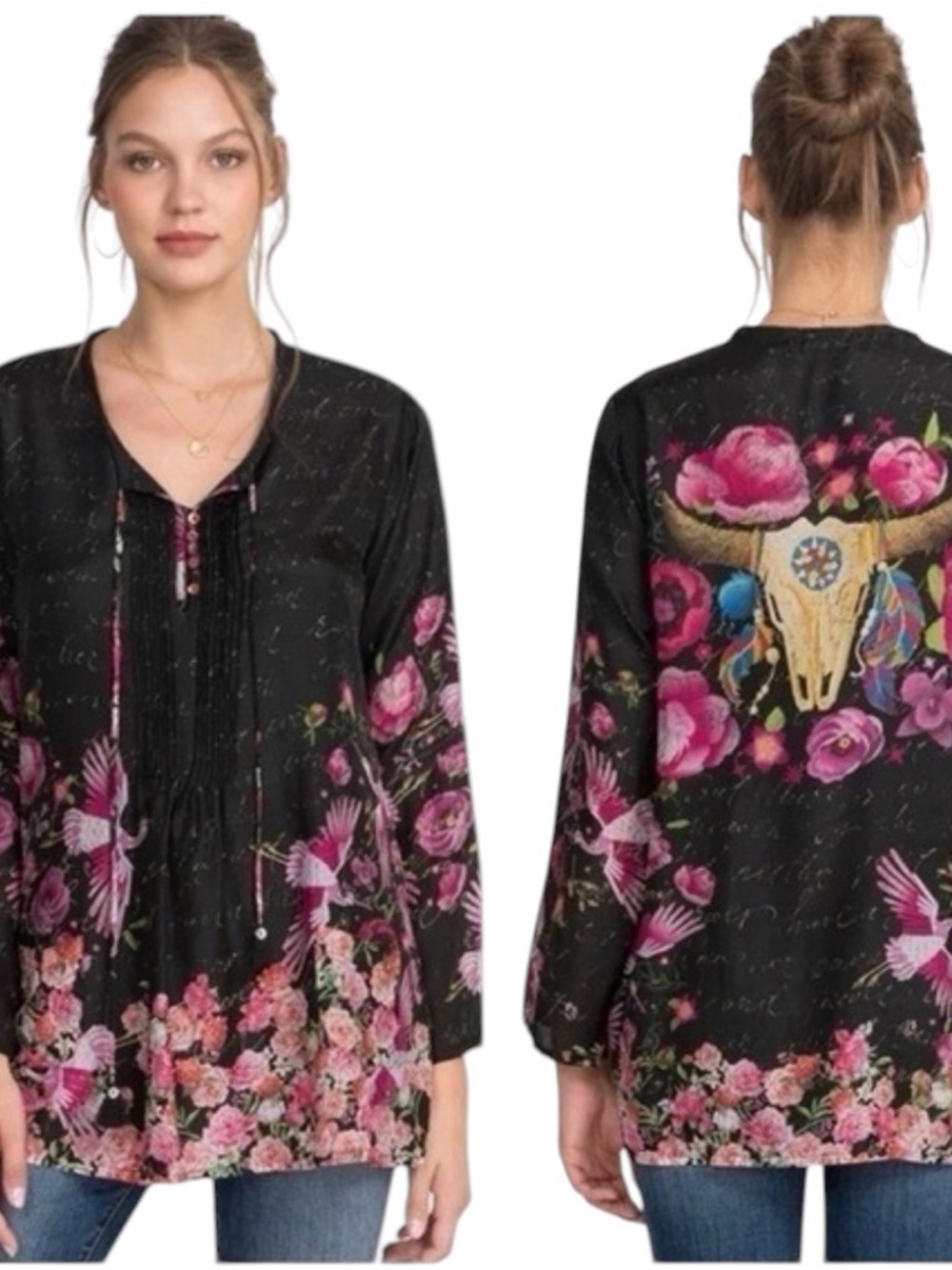 Johnny Was Neurissa Sz XS 100% Silk Floral Longhorn Skull Tunic Pockets | EUC